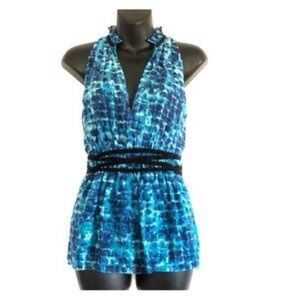 BCBG Blue V Neck Women's Top, 100% Silk Flowy Blouse size medium